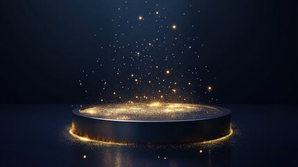 Poster - Dark blue background with a circular metallic platform, illuminated with golden sparkles and glowing light.