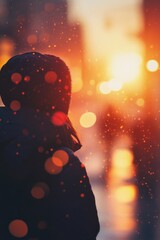 Poster - A person walking in the rain, umbrella in hand