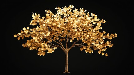Poster - A golden tree displays its numerous beautiful leaves on black background