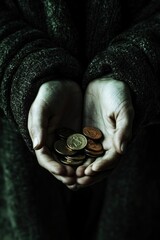 Aufkleber - A person grasping a stack of coins, possibly saving or planning to use for financial purposes