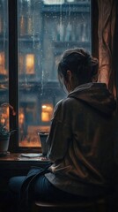 Aufkleber - A woman sits at a table gazing out the window, contemplative and introspective