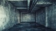 © yoga - Dark, damp, empty concrete basement with pipes.