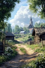 Aufkleber - Rural landscape with dirt road and church in the distance, suitable for use in travel or tourism imagery
