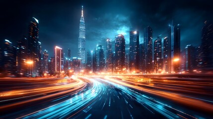 Poster - futuristic photograph of a modern cityscape illuminated by vibrant blue light trails representing th
