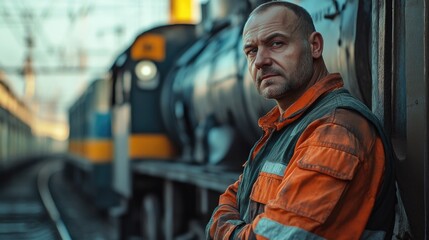 Poster - A person standing near a train on railroad tracks, possibly waiting for the train or trying to cross