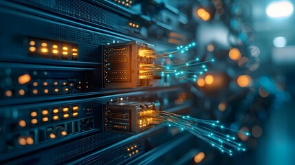 Poster - Futuristic server room scene featuring glowing fiber optic cables representing ultra fast 5G data transmission  The cool blue hue illuminates the cutting edge networking infrastructure