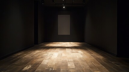Aufkleber - Dark gallery interior with wooden floor, spotlight on empty wall.