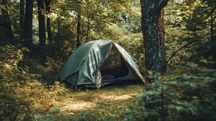 Poster - Dark green tent pitched in a lush forest clearing next to a tree.