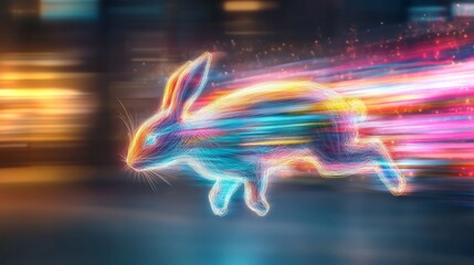 Poster - Colorful abstract representation of a rabbit in motion with vibrant trails at night