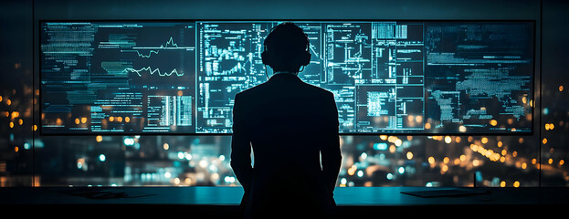 Poster - Analyst views data, night city