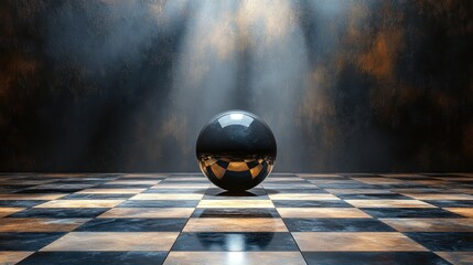 Aufkleber - Dark metallic sphere on checkered floor, dramatic lighting.