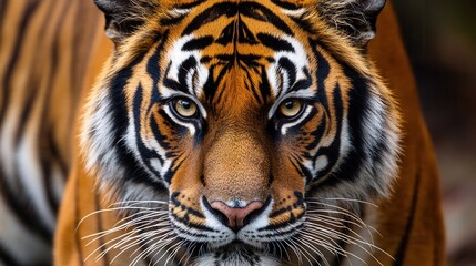 Poster - Close-up portrait of a majestic tiger showcasing detailed features and stunning gaze in a blurred natural setting