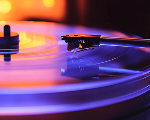 Poster - Close-up of vinyl record player needle on a spinning record, illuminated with purple and orange light, showcasing a dynamic music concept, ideal for audiophile or music-related designs