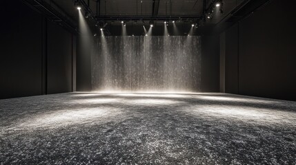 Poster - Dark room with spotlights illuminating a textured floor and simulated rain.