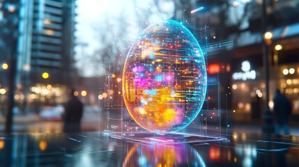 Poster - Vibrant digital egg glows in urban setting during twilight with colorful lights reflecting