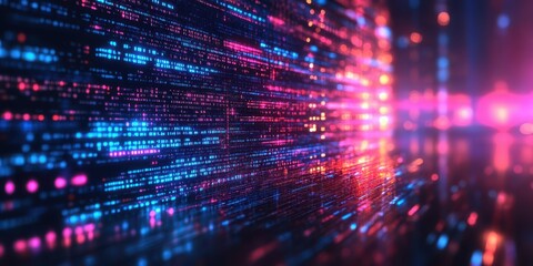 Fototapete - Abstract digital landscape with vibrant colors showcasing data streams at night