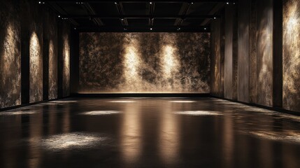 Poster - Dark, spacious interior with textured walls and glossy floor, illuminated by spotlights.