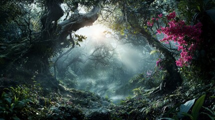Poster - Dawn light filtering through lush dense forest enchanting nature scene tranquil environment serene viewpoint