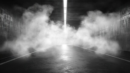 Aufkleber - Dark tunnel with bright light at end, smoky atmosphere.