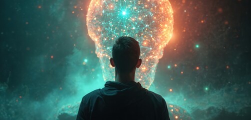 Poster - Man looking at digital human head. Artificial intelligence, ethical AI development with safeguards. Concept of creating sentient AI. Future is now. Programmer faces creation with responsibility.
