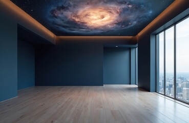 Poster - Modern empty room with wooden floor, large windows overlooking city. Unique celestial ceiling design features galaxy view with stars, clouds. Interior boasts minimalist style, natural light, offers