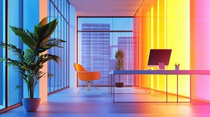 Poster - Modern office interior features plants chair desk windows and lighting