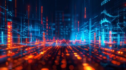 Poster - A vibrant digital landscape filled with glowing lines and data streams creates a futuristic atmosphere. Bright lights in red and blue illuminate the scene, reflecting technology's energy.