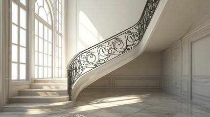 Poster - Beautiful curved staircase with ornate railing inside a spacious building
