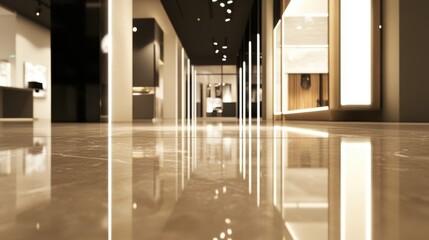 Poster - A modern hallway with reflective flooring and minimalist design aesthetics