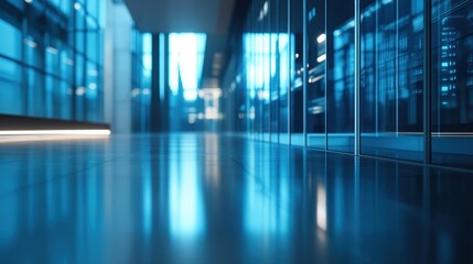 Poster - A modern hallway with glass walls and shiny flooring