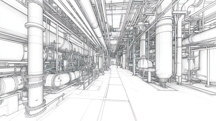 Leinwandbilder - Detailed blueprint of industrial facility interior, showing complex network of pipes, valves, and equipment.