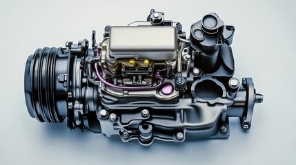 Fototapete - Detailed close-up shot of a car engine's internal components, showcasing intricate mechanical details and design.