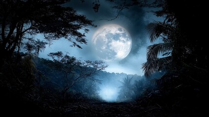 Poster - Moonlit escape through lush jungle enchanted night scene nature's tranquility mystical atmosphere