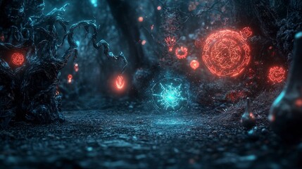 Aufkleber - Mystical magic battle enchanted forest fantasy illustration ethereal glow wide angle overcoming darkness
