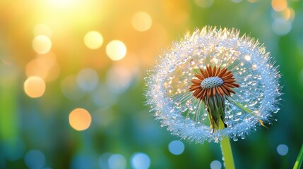 Aufkleber - Dew-covered dandelion seed head at sunrise.