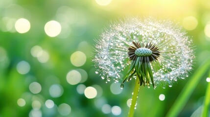 Aufkleber - Dew-covered dandelion seed head in sunny meadow.