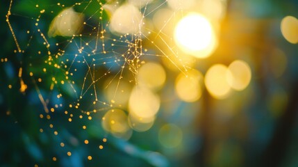 Aufkleber - Dew-covered spiderweb at sunset, bokeh background.