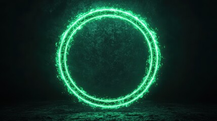 Poster - Bright Green Neon Circle with Sparks and Glow Against Dark Grungy Background for Abstract Designs