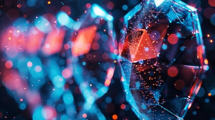 Poster - Intricate geometric shapes and sparkling particles emit a radiant glow, creating a captivating digital landscape filled with blue, red, and purple hues that evoke a sense of wonder.