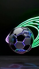 Poster - Dynamic soccer ball with vibrant led light trails showcasing motion and energy