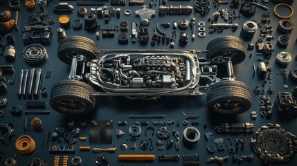 Aufkleber - Disassembled car chassis with various parts and components on dark background.