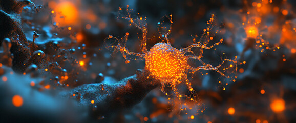 Poster - Abstract image of a neuron cell, glowing orange and blue, detailed structure, complex network, scientific visualization, representing neural connections and brain activity