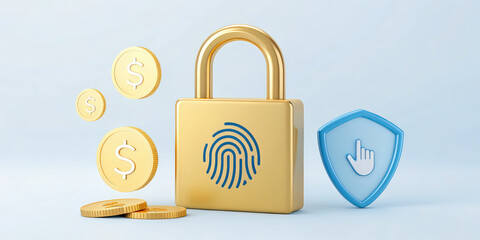 Poster - 3D illustration of gold padlock with fingerprint symbol, surrounded by coins and shield, representing digital security and financial protection