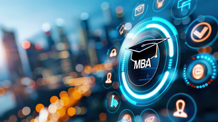 Aufkleber - futuristic digital illustration of city skyline with MBA icon surrounded by technology symbols, representing modern education and innovation