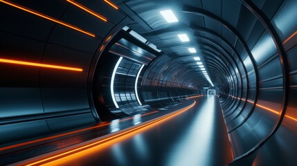 Poster - Futuristic tunnel interior, glowing lights, technological design, potential use as background image or graphic element