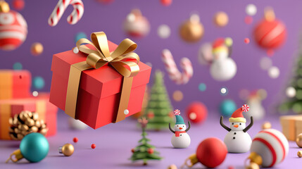 Aufkleber - vibrant 3D illustration of festive scene with floating gift box, snowmen, and Christmas decorations on purple background