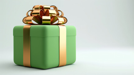 Poster - minimalistic 3D illustration of green gift box with shiny gold ribbon, set against plain background. elegant design emphasizes simplicity and celebration