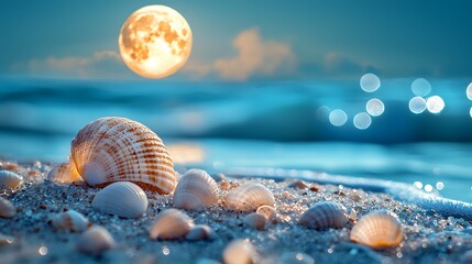 Poster - Close-up of seashells on the shore, glowing under the soft light of a full moon, cinematic delicate natural artistry