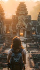 Poster - Over-the-shoulder shot of a backpacker gazing at an ancient temple, golden hour light illuminating the architecture, cinematic travel storytelling