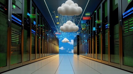 Poster - A futuristic computer screen with IT symbols, cloud computing, and digital data streams
